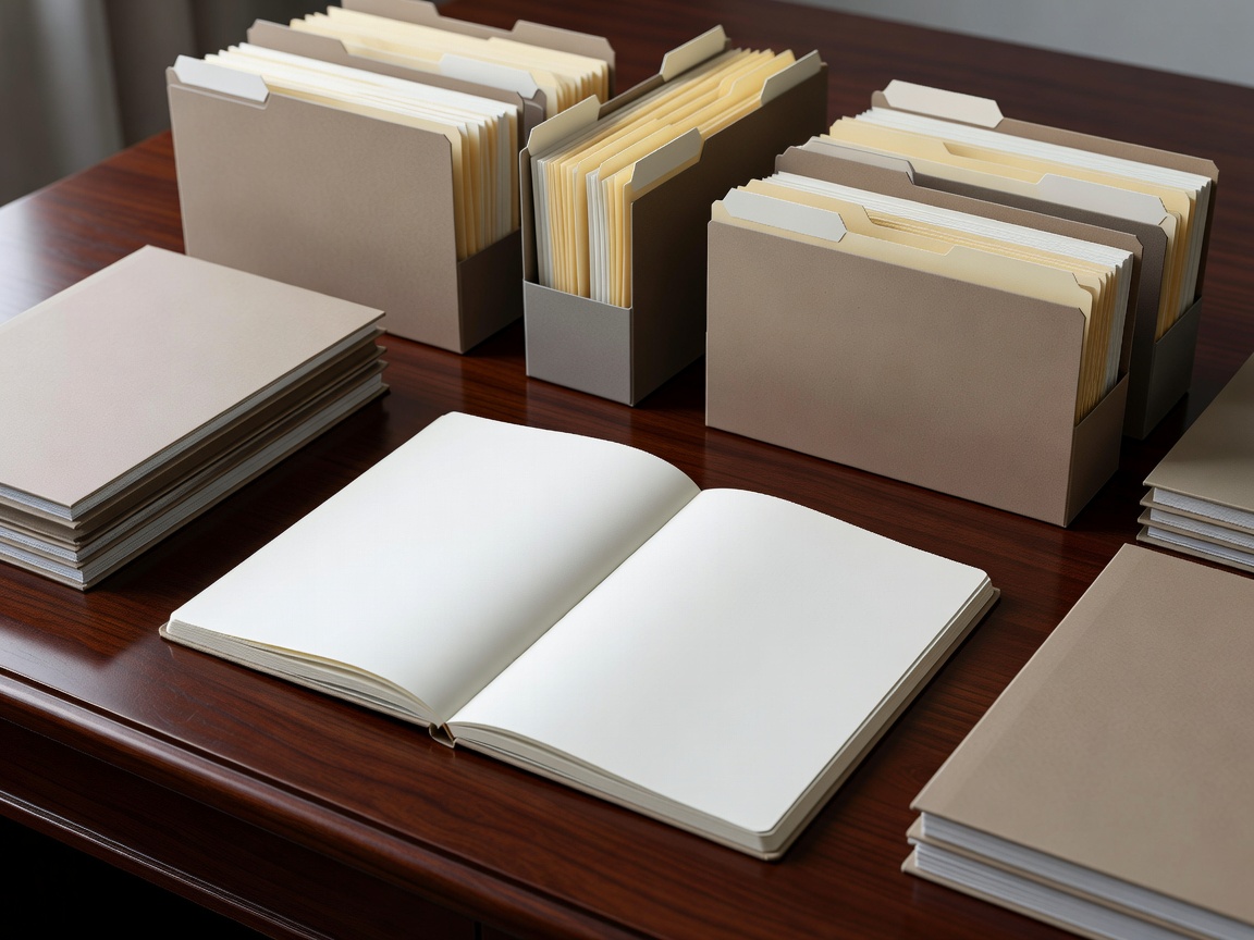 Open project notebook and neatly arranged document folders on a dark wooden desk